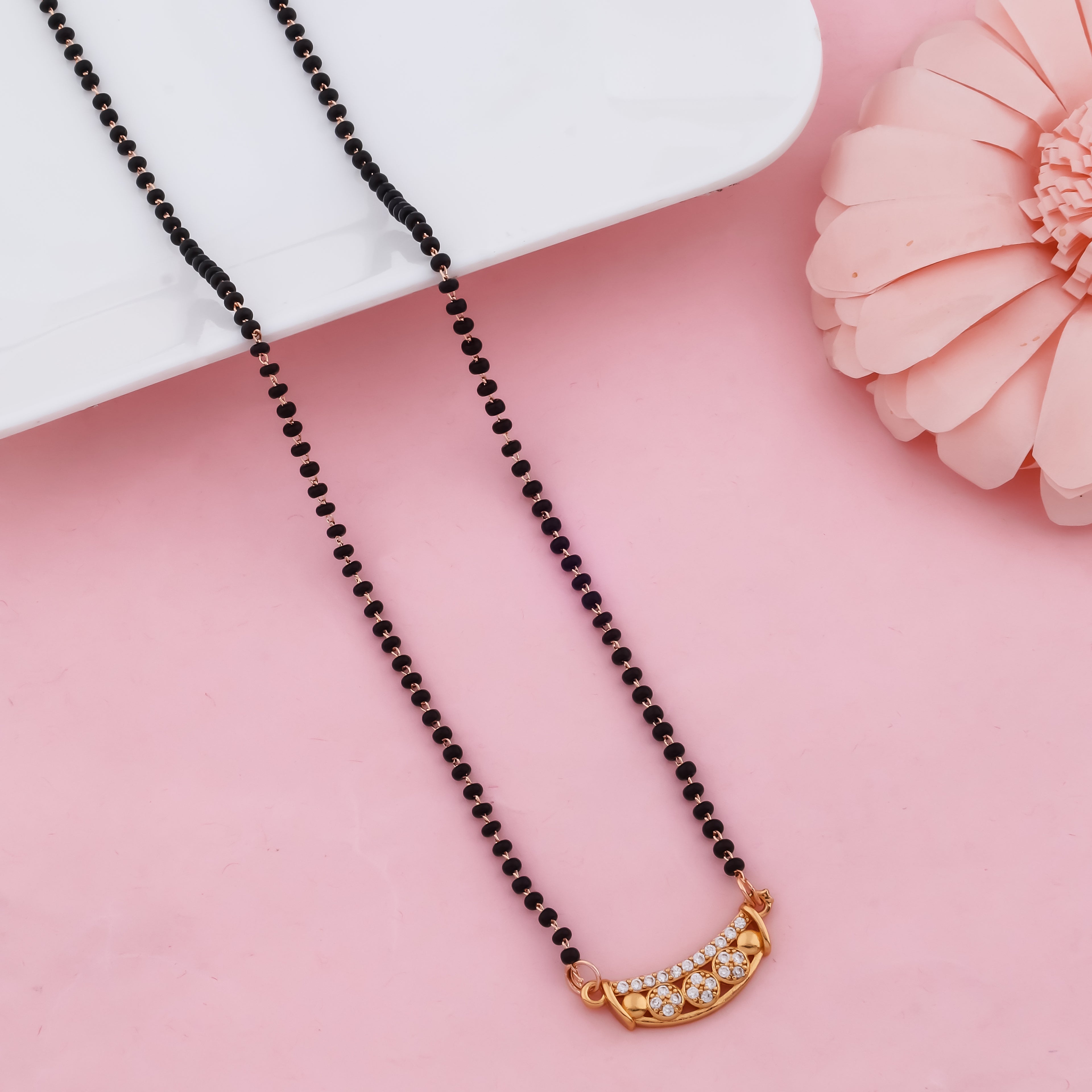 Elegant Gold Curve Mangalsutra Necklace with Crystal Floral Detailing | VJIPC1003