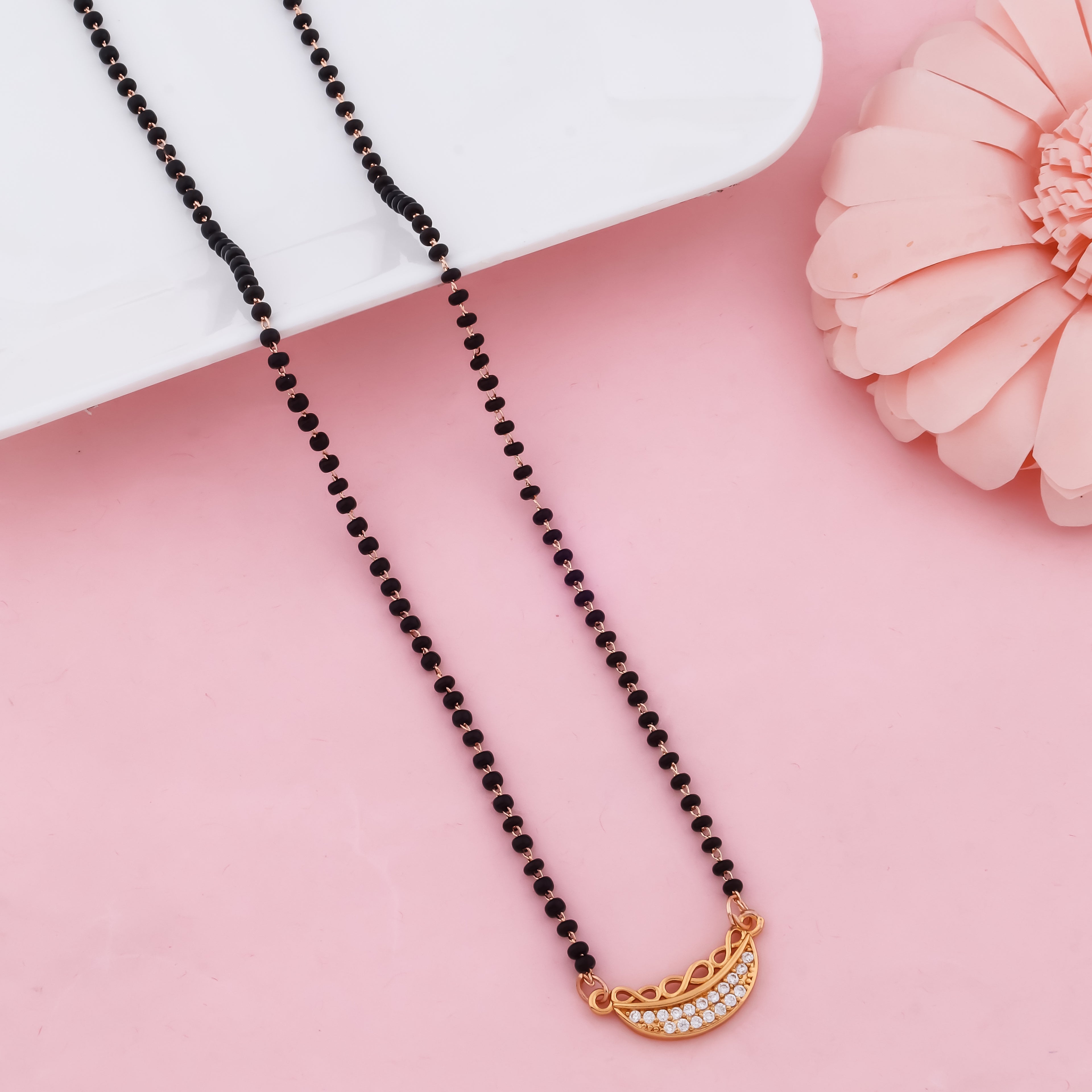 Aurelia Arc Black Beads Mangalsutra | Minimal Gold Curve Pendant Necklace for Women | VJIPC1006