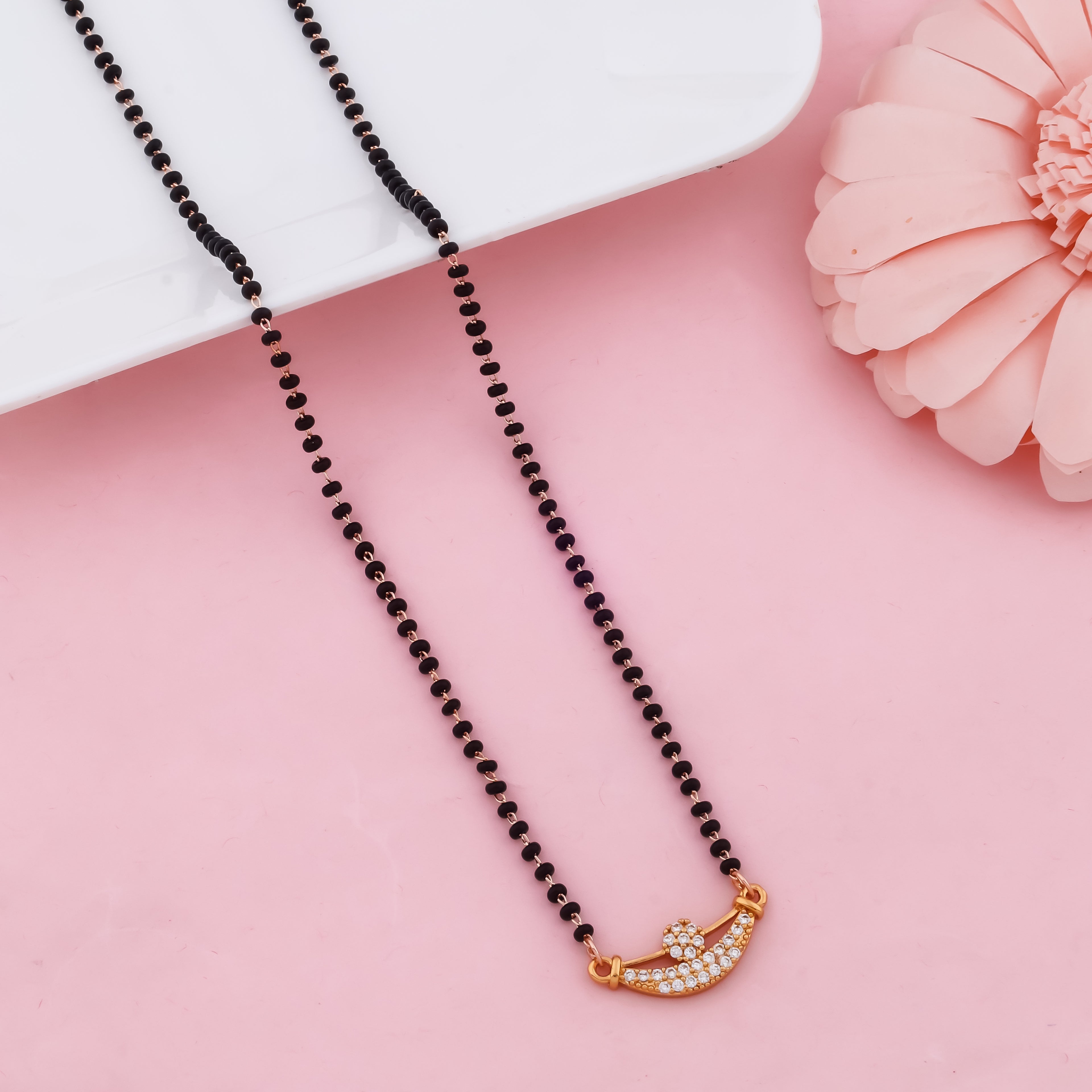 Aurelia Arc Mangalsutra – Contemporary Black Bead Gold Pendant Necklace | VJIPC1008