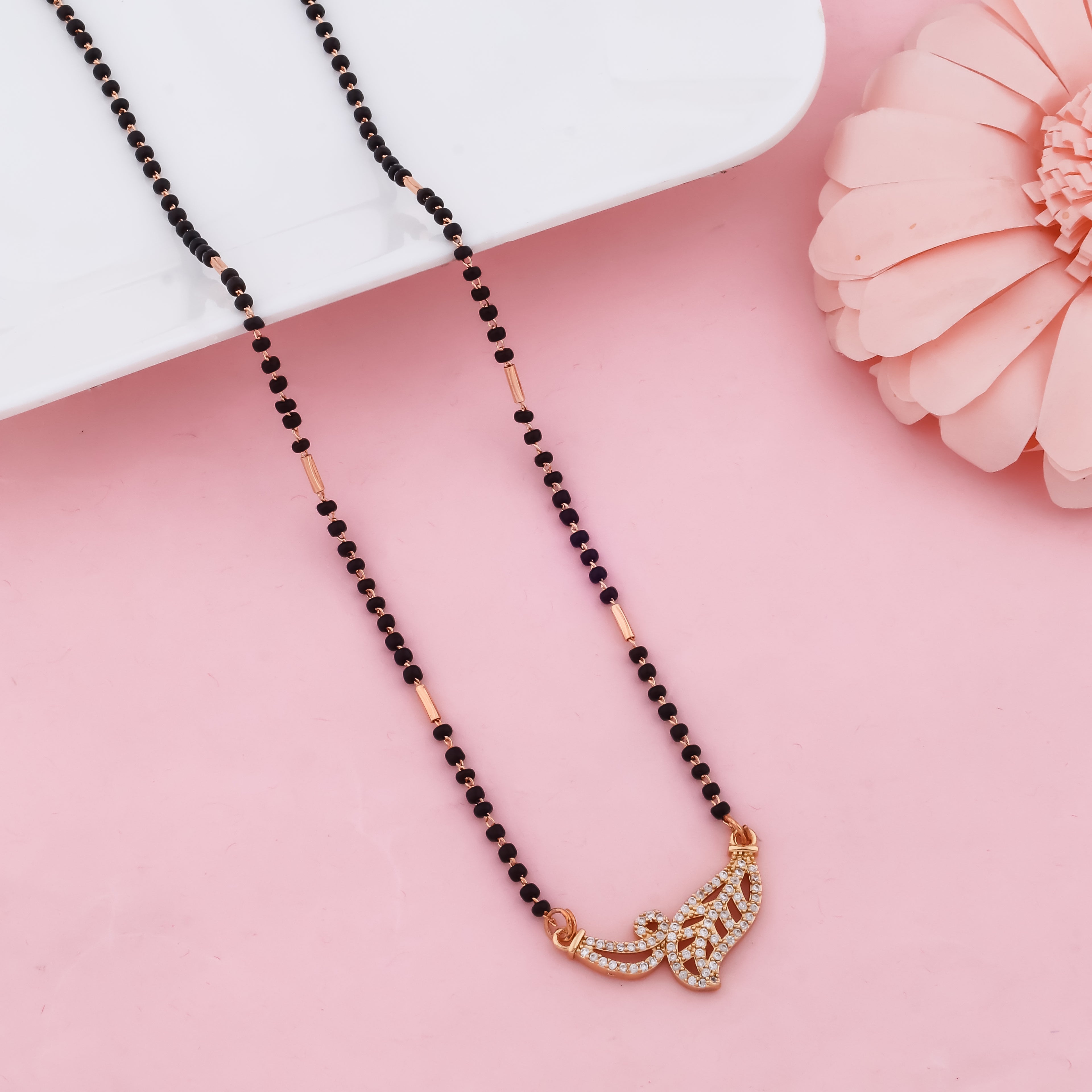 Designer Curved Motif Mangalsutra Necklace with Black Beads & Stone Detailing | VJIPC1011