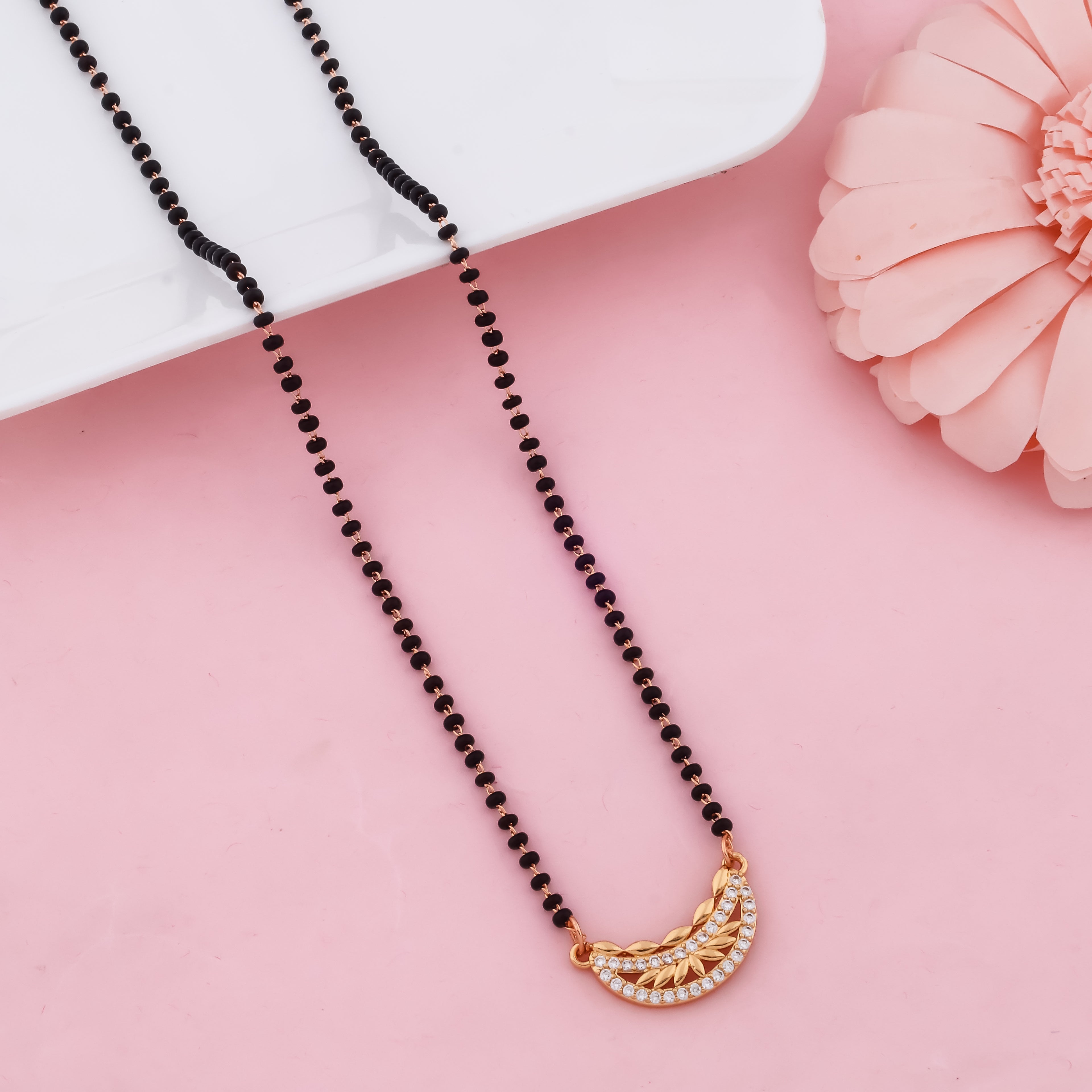 Elegant Leaf Curve Mangalsutra Necklace with Black Beads & Stone Accents | VJIPC1012