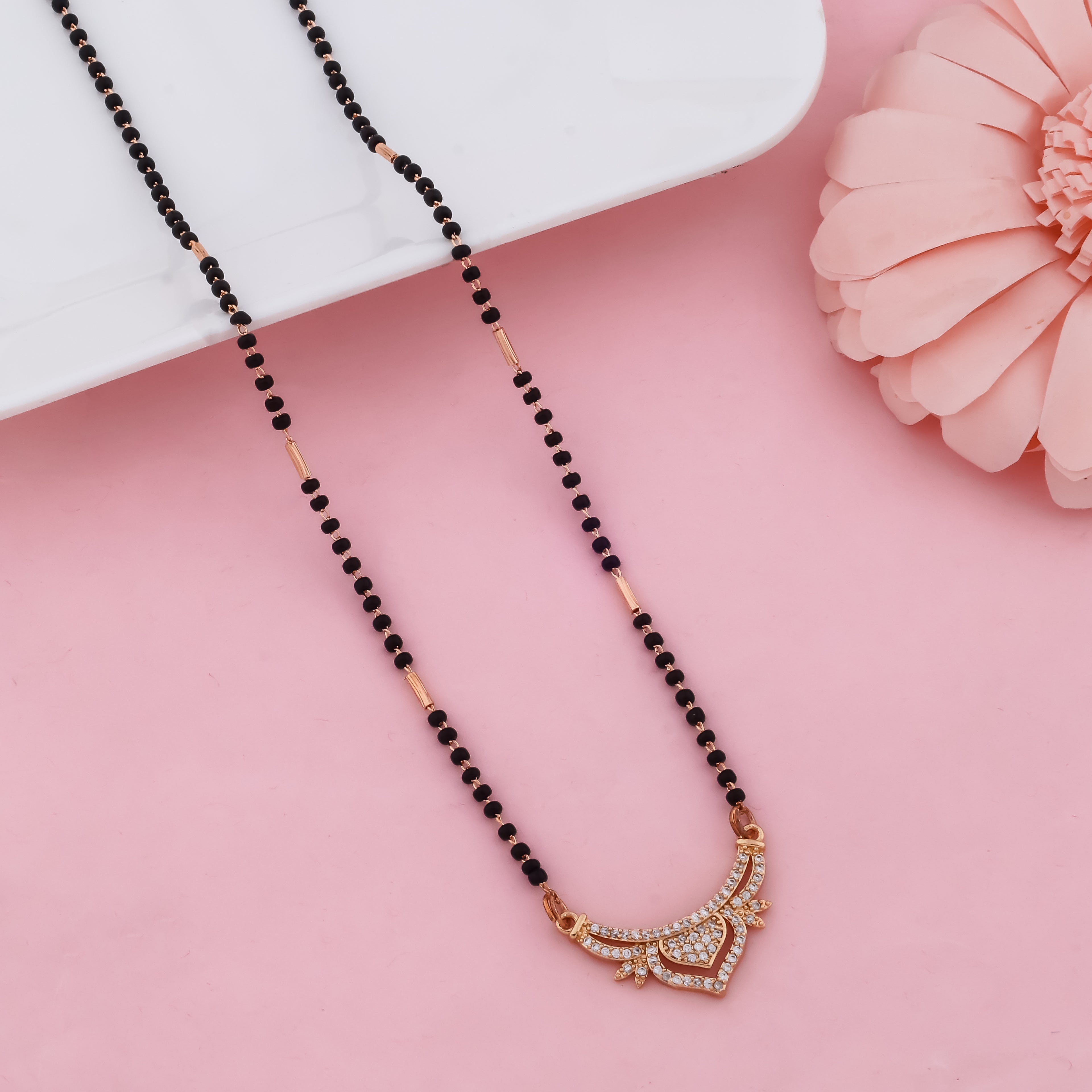 Elegant Heart Curve Mangalsutra – Modern Black Bead Necklace with Sparkle | VJIPC1018