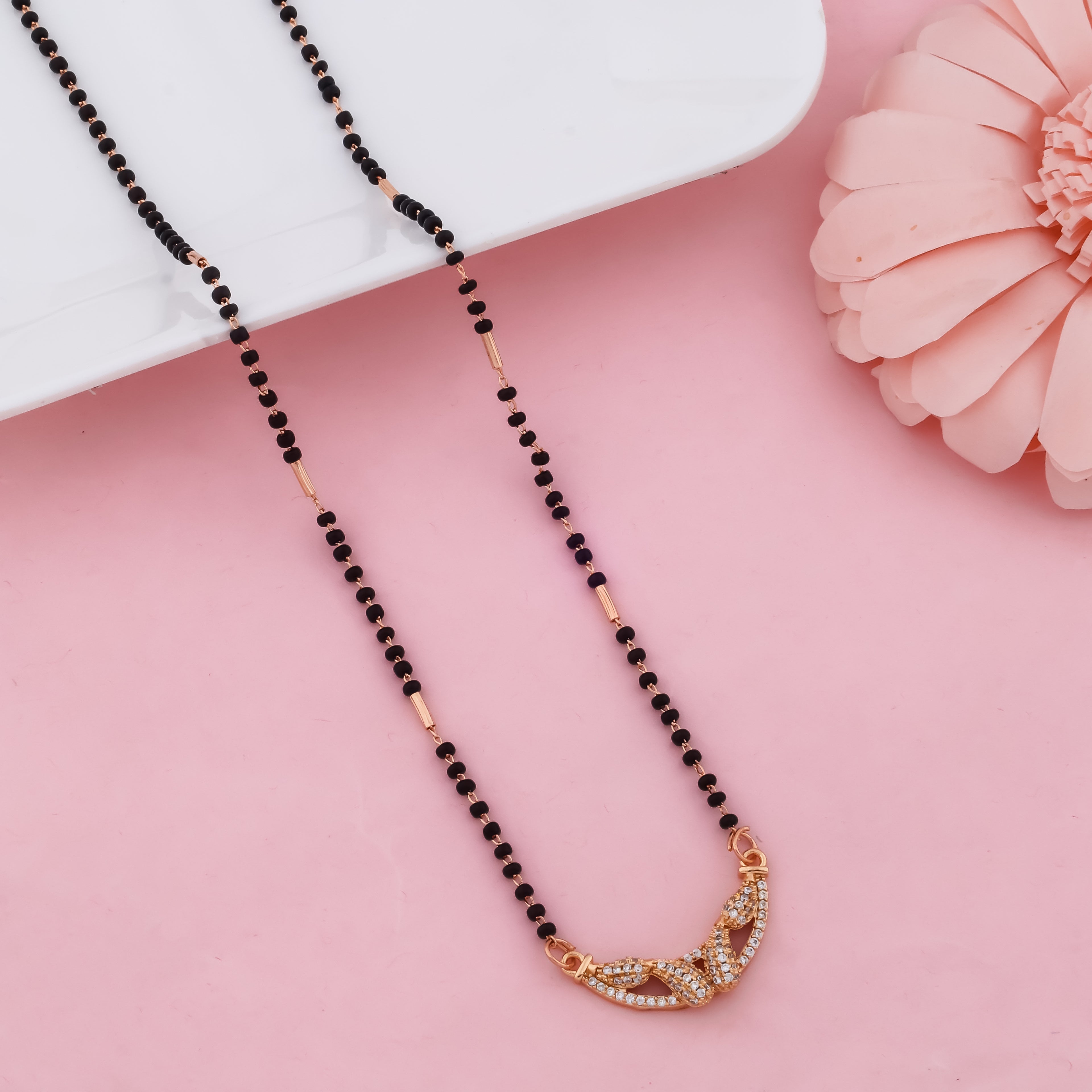 Modern Gold Curve Mangalsutra Necklace with Diamond-Inspired Detailing | Elegant Black Bead Jewelry for Women | VJIPC1022