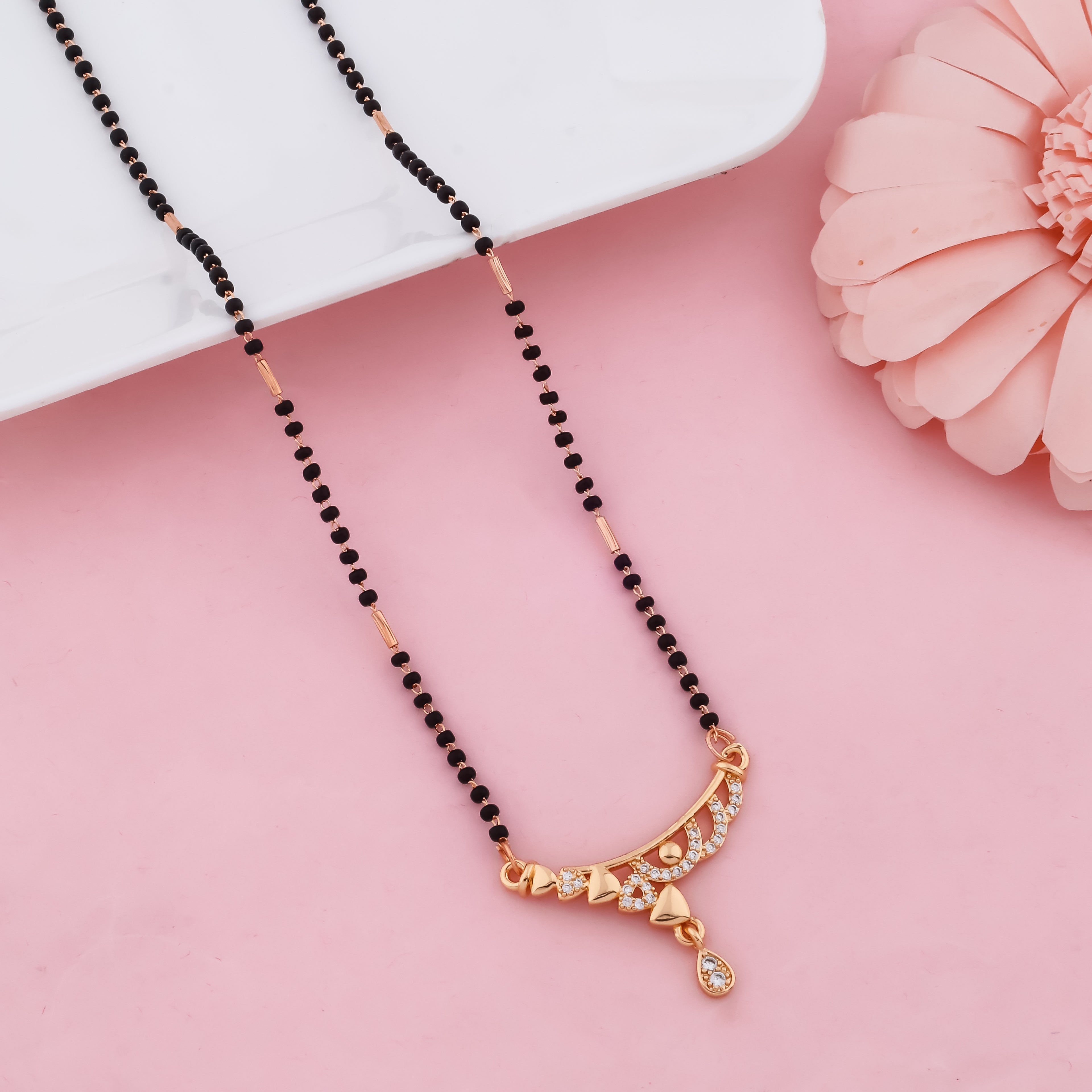 Elara Curve Drop Mangalsutra – Modern Black Bead Gold Finish Necklace for Daily Wear | VJIPC1026