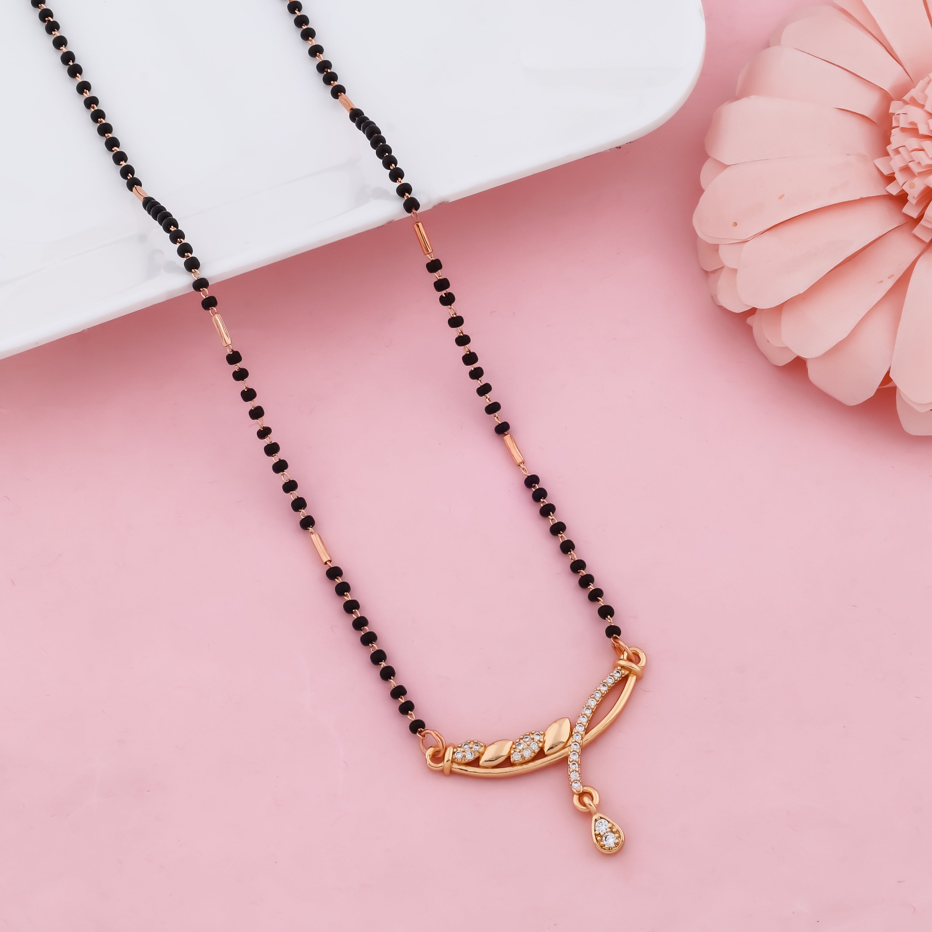 Aurelia Curve Drop Mangalsutra – Modern Black Bead Gold Finish Necklace for Women | VJIPC1027