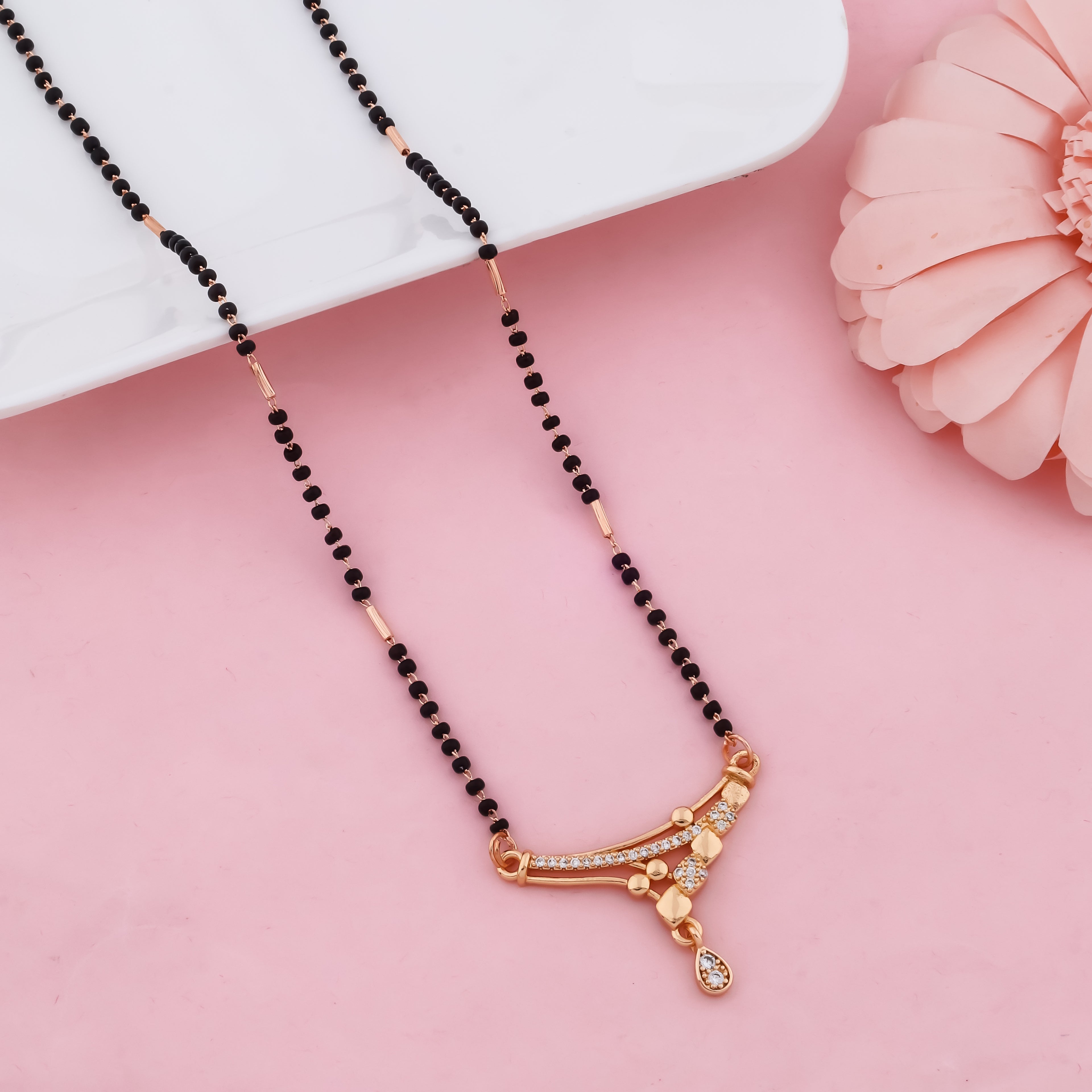 Luna Curve Drop Mangalsutra – Modern Black Bead Gold Finish Necklace for Women | VJIPC1028