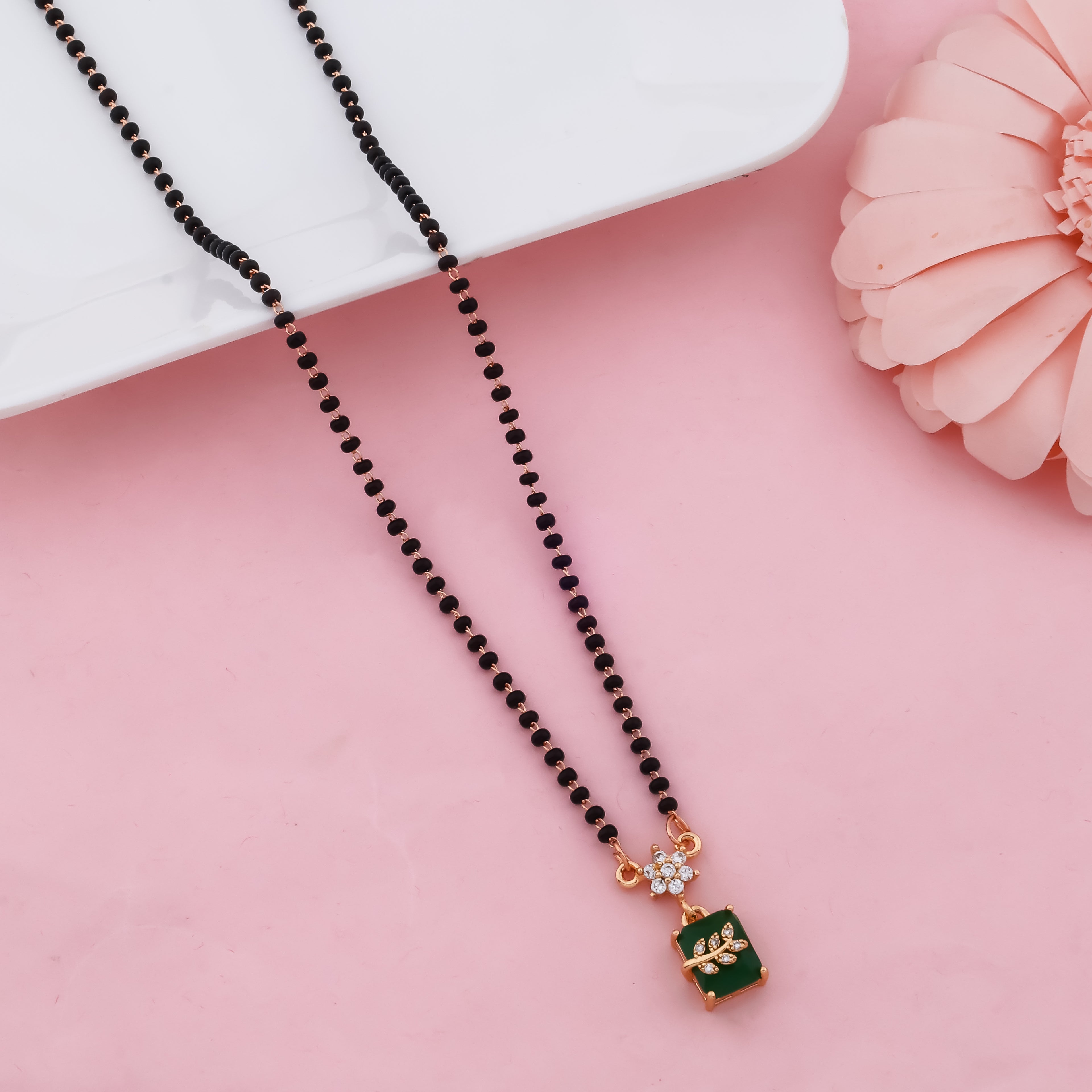 Emerald Grace Green Stone Mangalsutra – Modern Black Bead Necklace for Women | VJIPC1029