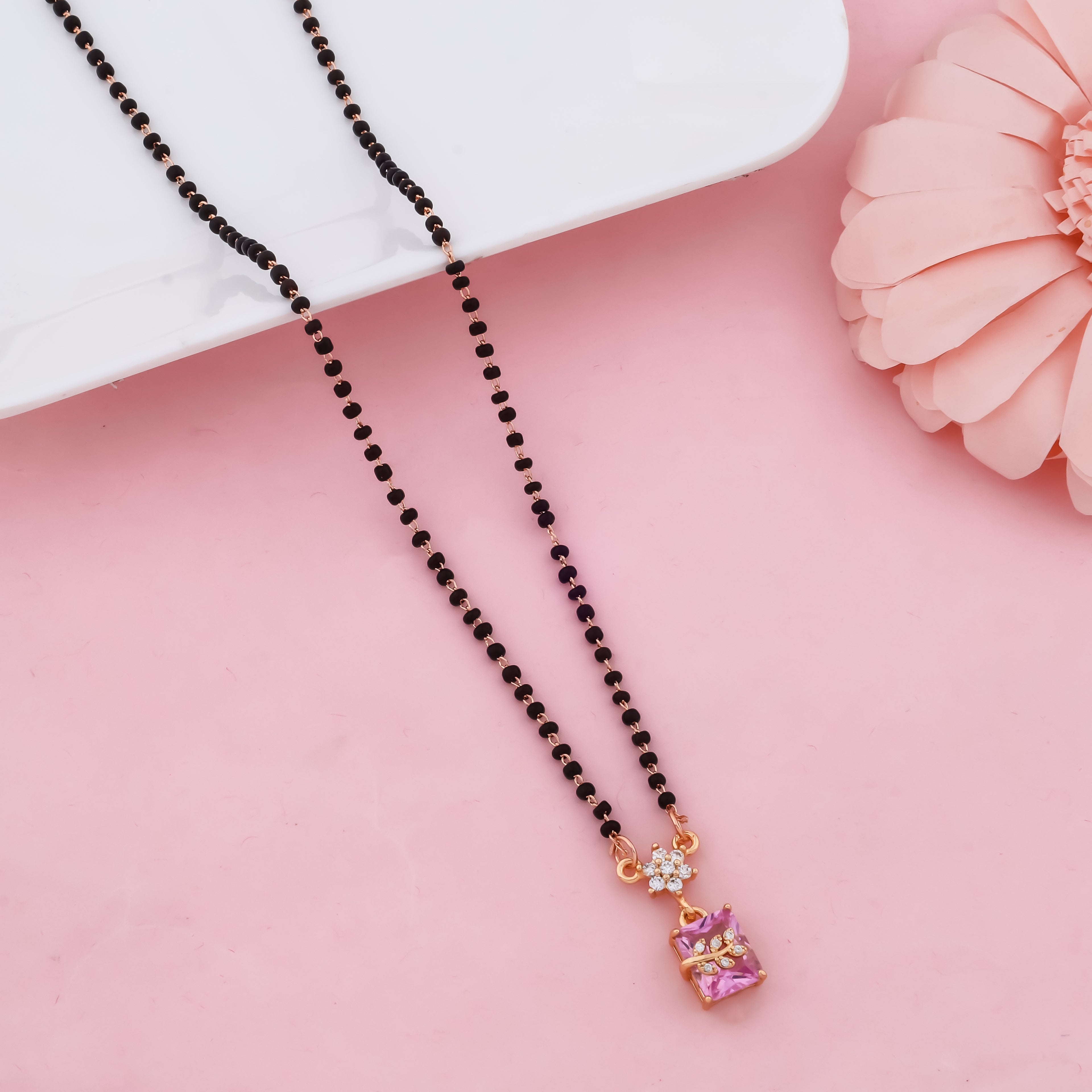 Rose Spark Pink Stone Mangalsutra – Elegant Black Bead Necklace for Women | VJIPC1030