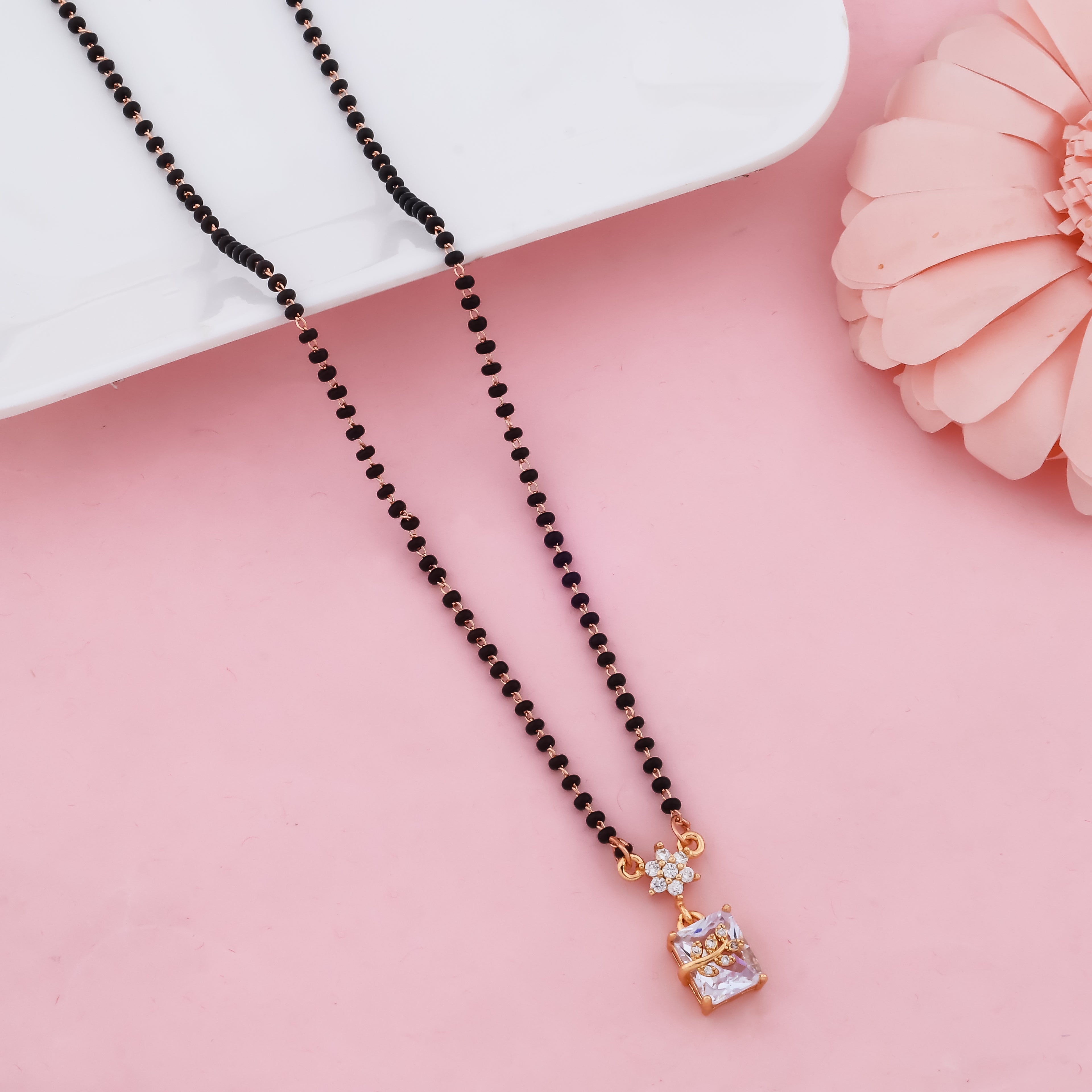 Crystal Glow White Stone Mangalsutra – Modern Black Bead Necklace for Women | VJIPC1032