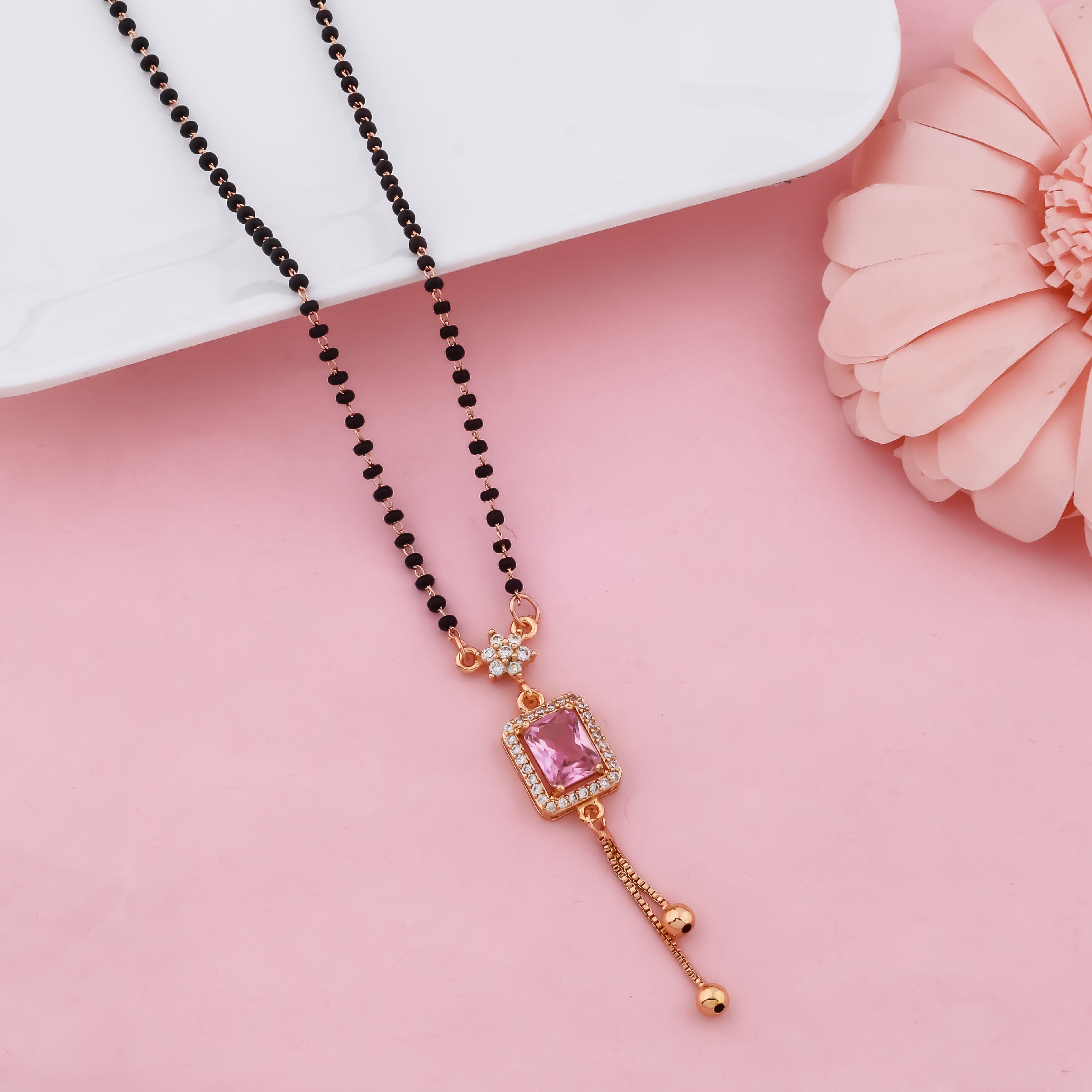 Modern Pink Crystal Drop Mangalsutra Necklace for Women – Black Beads Gold Finish Daily Wear Design | VJIPC1035