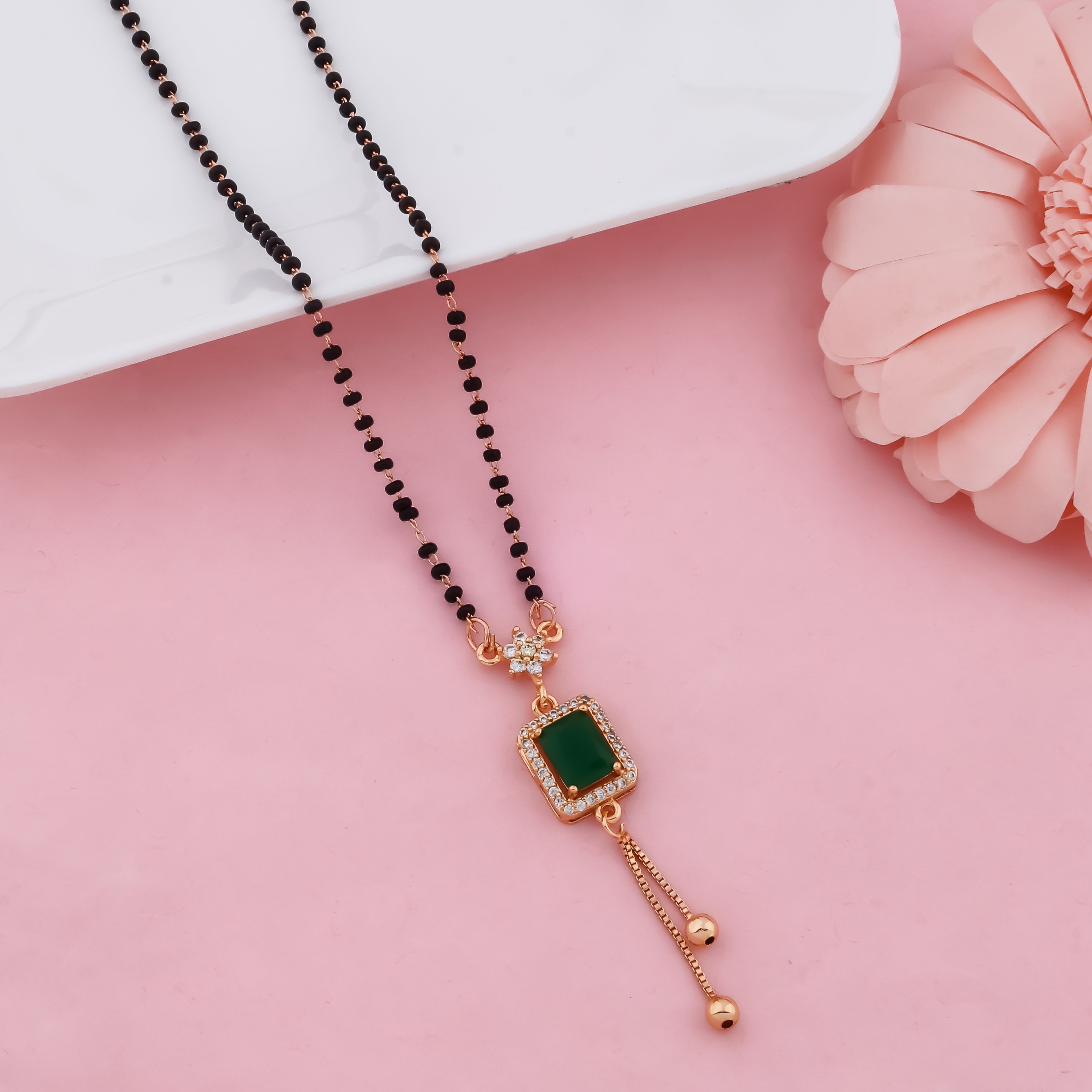 Modern Black Beads Mangalsutra Necklace with Green Stone Pendant, Gold Finish Stylish Mangalsutra for Women | VJIPC1036