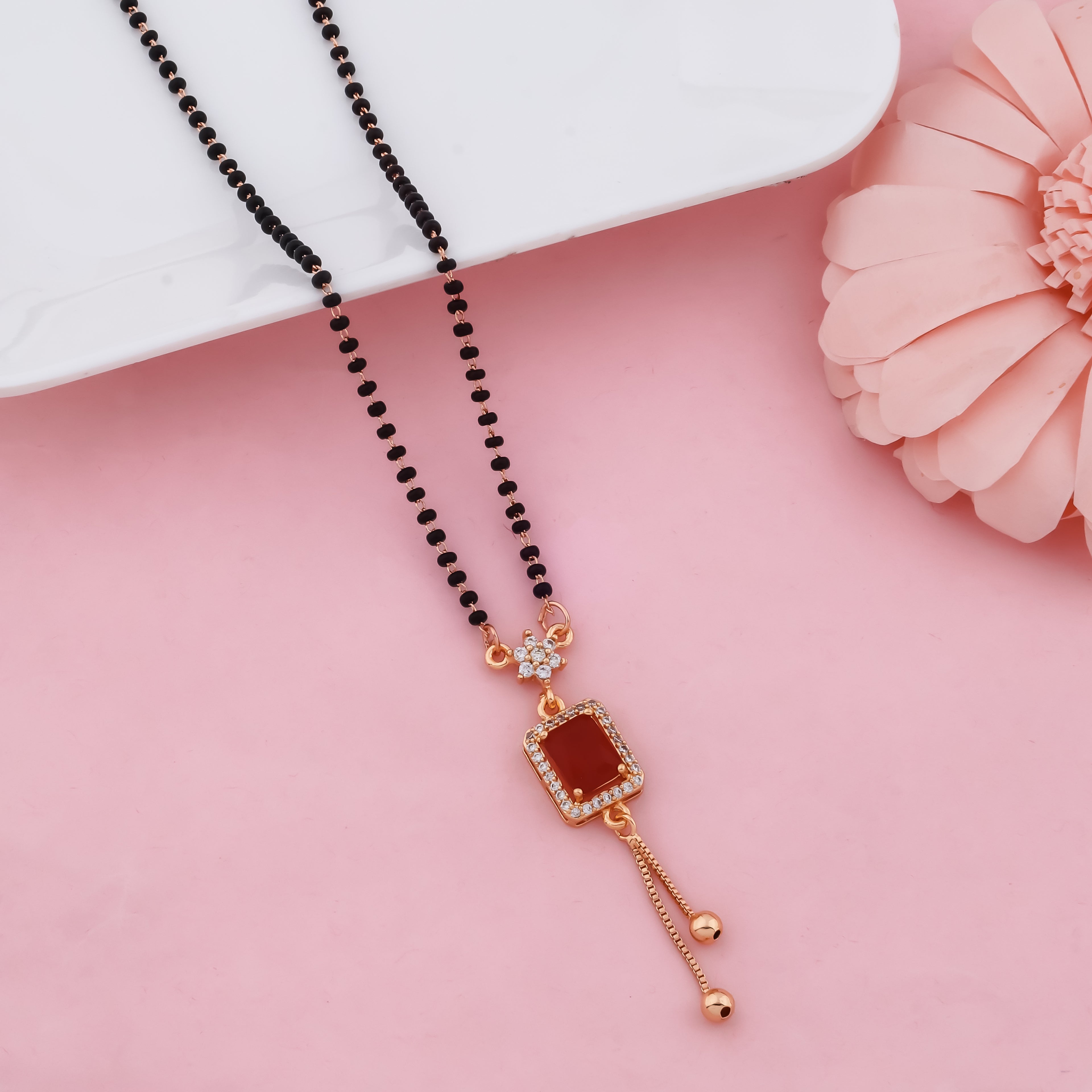 Modern Black Beads Mangalsutra Necklace with Red Stone Pendant for Women, Gold Finish Stylish Daily Wear Mangalsutra | VJIPC1037