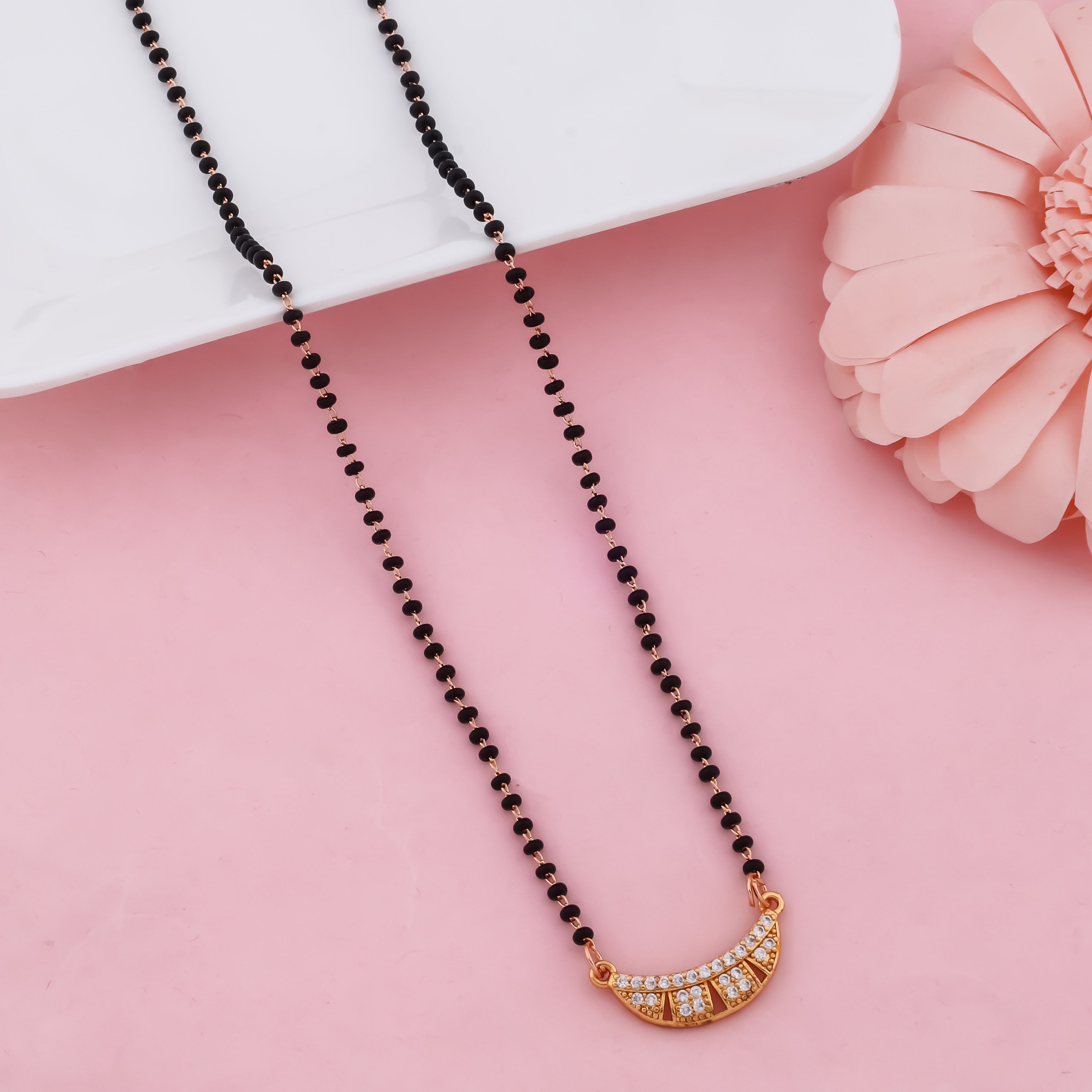 Elegant Black Beads Mangalsutra with Curved CZ Pendant, Gold Finish Traditional Necklace for Women | VJIPC1041