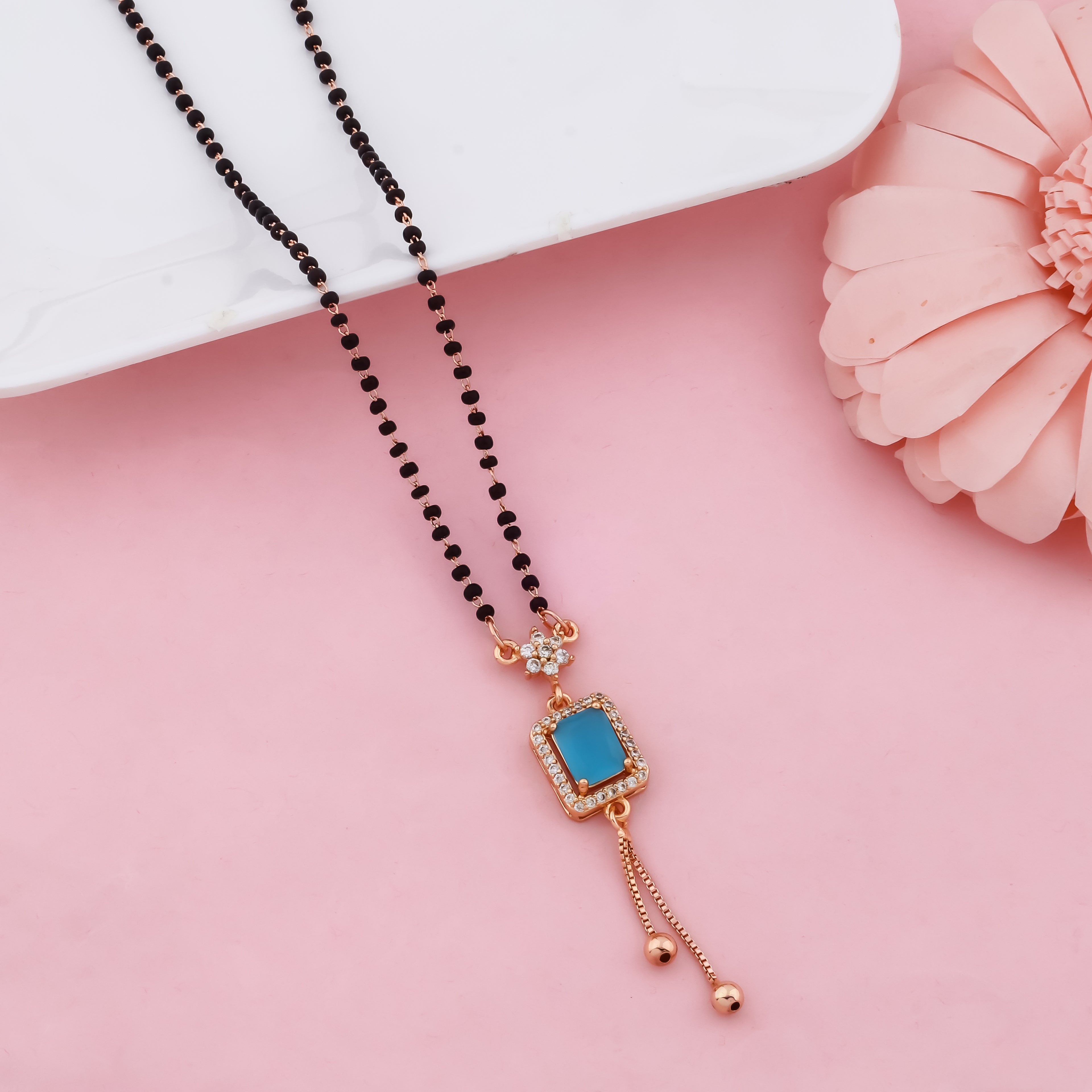 Blue Stone Designer Mangalsutra Necklace with Black Beads, Modern Gold-Tone Pendant for Women | VJIPC1042