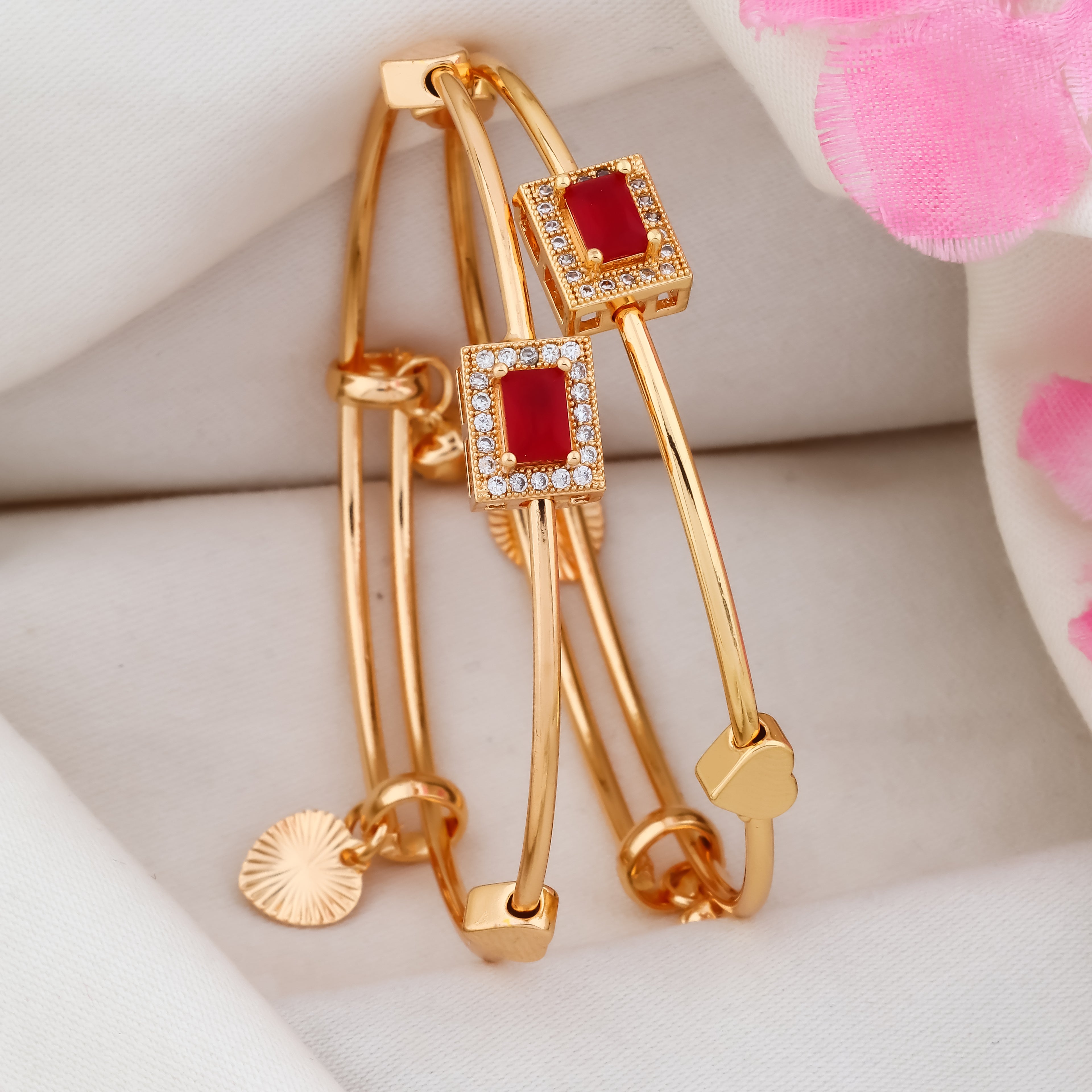 Ladies Gold Finish Imitation Bracelet with Red Stone, Elegant Designer Fashion Bracelet for Women | VJIPC1065