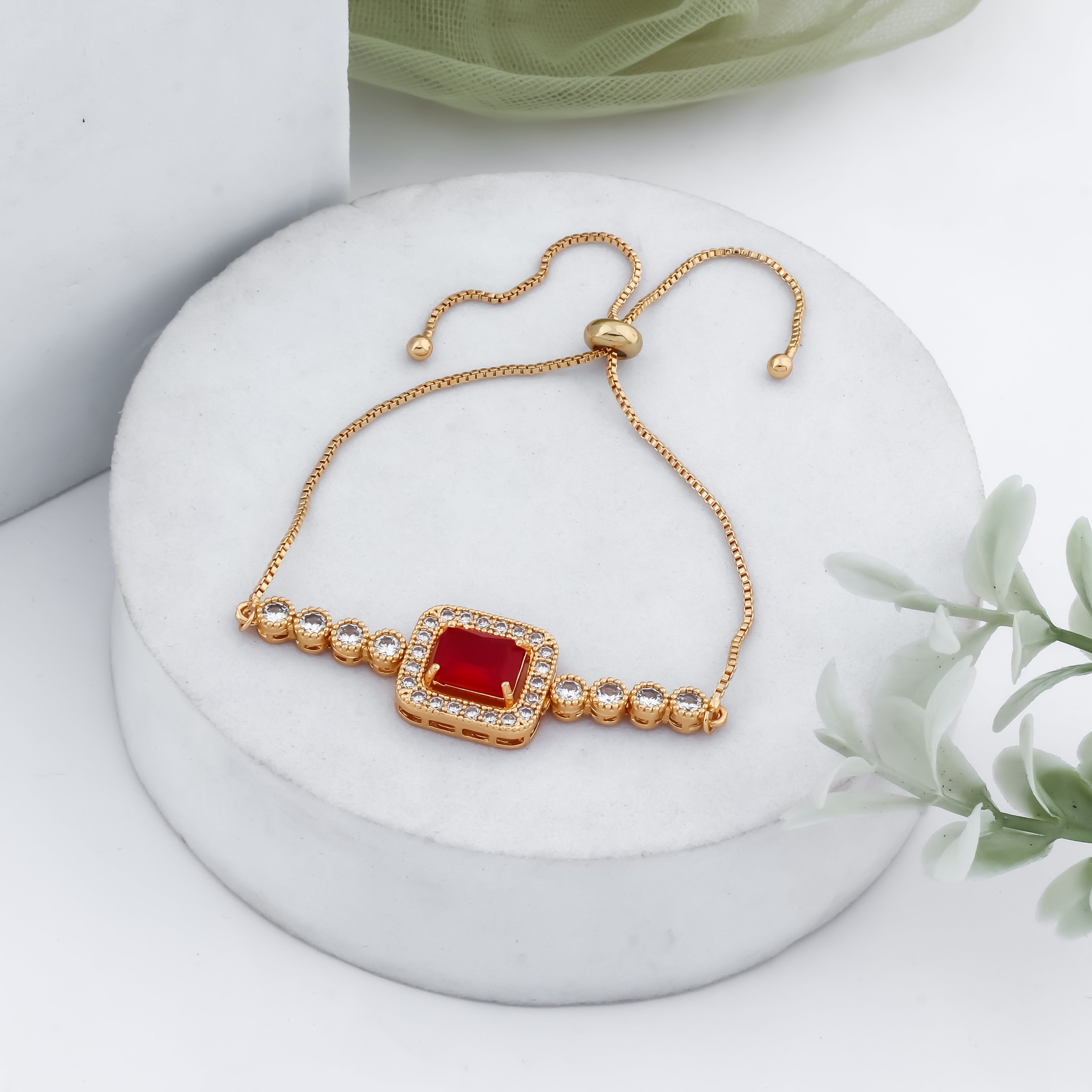 Gold Plated Red Stone Adjustable Bracelet for Women | American Diamond Imitation Jewelry | VJIPC1068