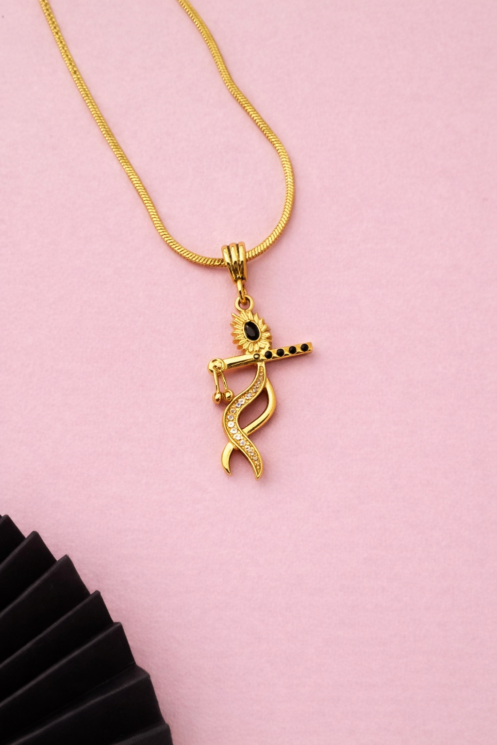 Gold Tone Flute Design Pendant Necklace | Krishna pendant Chain