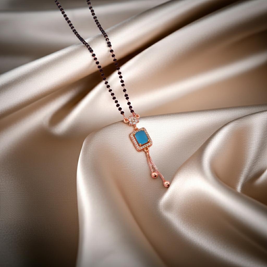 Blue Stone Designer Mangalsutra Necklace with Black Beads, Modern Gold-Tone Pendant for Women | VJIPC1042